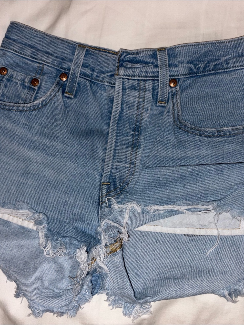 Light Blue Denim Jean Shorts - Women's Distressed Cutoffs